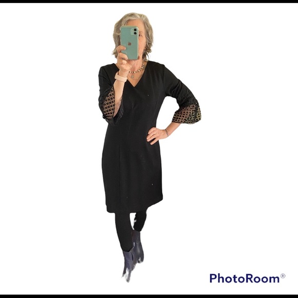 Black Talbot’s ponte knit dress with lace sleeves, size 10. - Picture 2 of 8